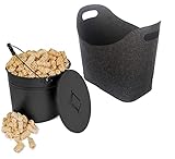 Mehrteiliges Kaminzubehör Set - 1x Ascheeimer Kohleeimer 15L mit Deckel 1x Holzwolle Bioanzünder 2,5kg mit 1x Filzkorb 45x24x40cm als Holzkorb Allzweckkorb für Brennholz (15L 2,5kg Schwarz)
