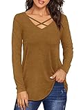 Beluring Damen Criss Cross V-Ausschnitt Tops Einfarbig Unregelmäßiger Saum Weiche T-Shirts Braun L
