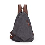 KL928 Retro Segeltuch Rucksack Canvas Vintage Rucksäcke Echtleder Daypack Reisetasche Schulterrucksack für Herren Damen (6882-D.Grey)