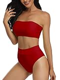 Summer Mae Damen Bikini Set High Waist Bandeau High Cut Trägerlos Zweiteilig Bademode Badeanzug Rot L