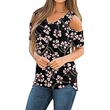 MEITING Damen T-Shirt Schulterfreies Sommer Kurzarm Sweatshirts Lässig Elegant Oberteile mit Motive Frauen Casual Lose Bedrucktes Tshirt Shirts Tops Basic Atmungsaktiv Bluse Tops Damenshirt S
