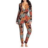 Damen Halloween Jumpsuit Langarm Bedruckt Overall Butt Button Back Flap Strampler Tiefer V-Ausschnitt Onesies Nachtwäsche, Grauer Kürbis., 46