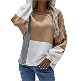 Damen Grobstrick Pullover Casual Sweater Pulli Farbblock Sweatshirt Elegant Jumper Rundhals Lose Oberteile Winter Outwear Frauen Strickpullover Langarm Colorblock Rollkragenpullover Top Aushöhlen M