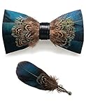 JEMYGINS Handgemacht Feder Fliege Mit Geschenkbox Set für Herren, Braun/Peacock Blau, M