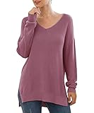 GRECERELLE Damen Pullover Sweatshirt Damen Casual Klassisch Einfarbig Pullover Knit V Ausschnitt Langarm Jumper Tops Bluse T-Shirt für Winter Herbst Frühling, 14 rot grau, L