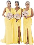 N/ C Hochzeitskleid, Brautjungfer, lang, Chiffon, V-Ausschnitt, hoher Schlitz, plissiert, formelles Kleid für Partys, gelb, 38