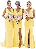 N/ C Hochzeitskleid, Brautjungfer, lang, Chiffon, V-Ausschnitt, hoher Schlitz, plissiert, formelles Kleid für Partys, gelb, 38