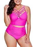 2020 Damen Plus Size Badeanzug Hohe Taille Rüschen Push Up Halter Bikini Meerjungfrau Kostüme Set - Pink - 3X-Larg