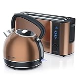 Arendo - Edelstahl Wasserkocher und Toaster in Kupferoptik - Wasserkessel max. 2200W - Kalkfilter - 1,7 Liter - 2 Scheiben Langschlitztoaster inkl. Brötchenaufsatz - Frühstück