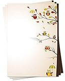 Motiv Briefpapier (Eulen-5139, DIN A4, 25 Blatt) Motivpapier Eulenpapier, gelbe braune Eulen mit Schirm im Winter sitzend auf Ästen auf einem Eichenbaum mit Herbstlaub