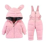 ZHZHUANG Baby Unisex Winter Puffer Kapuze Schneeanzug Daunenjacke Und Ski-Lätzchen Schneehose, Kinder 2 Stück Kaninchenohren Set Outfit/Rosa/110