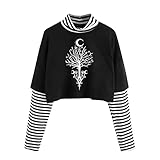 MRULIC Pullover Damen Langarm Drucken Blusen Gothic Oberteile Farbblock T-Shirt LäSsiges Loses Hemd Langarmshirts FrüHling Herbst Winter Tops Gestreifte Bluse(A4 Schwarz,S)