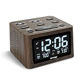 REACHER Dual Wecker Holzoptik mit weißes Rauschen Maschine, 6 Wecktöne, 12 beruhigende Sound für den Schlaf, einstellbare Lautstärke, USB-Ladegerät, Batterie-Backup, 0-100% Dimmer für das S