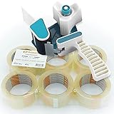Packband Handabroller Set - Klebebandabroller + 6x Premium Printation Strong 60m lang 50mm breit Paket-Klebeband Rollen transparent (6 Rollen + Kleberoller Paket)