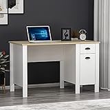 TEDDY Schreibtisch - Computertisch - Workstation mit Schublade und Stauraum mit Tür in modernem Design für Home Office oder Kinderzimmer (Weiß/Eiche)