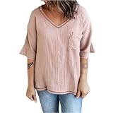 KBUY Damen Bluse Kurzarm Blusenshirt Hemd V-Ausschnitt Elegant Hemd Casual Oberteile Tops Business Tunika T-Shirt Damen Neue Baumwoll Leinen Tunika T-Shirt Einfarbig Jacquard Oberseiten S