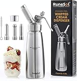 Runesol 0,5L Sahnespender/Sahnesyphon Edelstahl, Rostfrei | Profi Schlagsahnebereiter mit 3 Edelstahl Deko-Düsen | Für Sahne, Soßen und mehr! Benötigt Standard N20 Sahnekapseln (Nicht Enthalten)