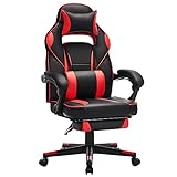 SONGMICS Gamingstuhl, Schreibtischstuhl mit Fußstütze, Bürostuhl mit Kopfstütze und Lendenkissen, höhenverstellbar, ergonomisch, 90-135° Neigungswinkel, bis 150 kg belastbar, schwarz-rot OBG73BRV1