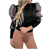 MOTOCO Damen Mesh Crop Top Frauen Oansatz Laterne Hülse Perspektive Dot Langarm Beiläufige Lose Bluse Party(XL,Schwarz 2)