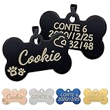 Uiopa 2 Stücke Hundemarke mit Gravur, Hundemarke Knochen mit Gravur aus Edelstahl Personalisier, Adressanhänger Hund/Katze Namensschild für Mittelgroße Bis Große Hunde und Katzen (Schwarz, L)
