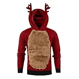 Herren Weihnachtspullover mit Rentier-Motiv und 3D-Fell, mit Kapuze, Rudolph Buddy Elf, A22_rot, XXXL
