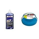 SONAX Polish & Wax Color NanoPro blau (500 ml) Politur mit Farbpigmenten und Wachsanteilen auf Nanotechnologie-Basis | Art-Nr. 02962000 & ALCLEAR 5713050M Auto Profi Handpolierschwamm 130 x 50