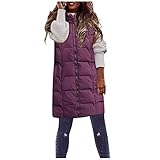 SoulSoup Daunenweste Damen Lang Wintermantel Vest mit Kapuze Weste Mantel Ärmellose Warmer Daunenmantel mit Taschen Steppweste Damen Daunenjacke Steppjacke Outdoor Violett Damenjack