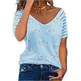 QWERD Damen Sommer V-Ausschnitt Kurzarm T-Shirt Herzdruck Casual Lose Tunika Oberteile Blusen Tshirt Tops Damen Tshirt Kurzarm Oberteile Liebe Herz Drucken Hemd Mode Tee Tops Fitness Sport S-5XL