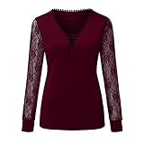 Modisches Langarmshirt Damen Schwarz Damen Sweatshirt Damen Langarmshirts V-Ausschnitt Basic Oberteile mit Spitze Sleeves Slim Fit Einfarbig T-Shirt Tops Beiläufig Damen O