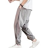 Haremshose Herren Baggy Weitem Bein Hosen - Chinesische Baumwoll Leinen Freizeithose/Loose Tai Chi Kampfsport Sporthose,Grey-4XL