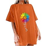 Tops Damen Sommer Kurzarm Tshirt mit Vintage Regenbogen Sonnenblume Druck Oversized Rundhals Tee Tops Shirt Basic T-Shirt Frauen Elegant Longshirt für Teenager Madchen Große Größen Ob