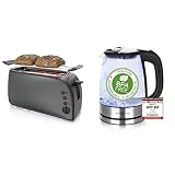 Arendo - Automatik Toaster Langschlitz - 1500W - 7 Stufen - Edelstahl Cool Grey Design & Emerio WK-119988 Glas Wasserkocher,1.7 Liter, 2200 Watt, LED Innenbeleuchtung, 360° Basis, 1.7 liters, Silb