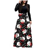 HolAngela Weihnachten Print Maxikleid Frauen Langarm Langes Maxikleid Damen Schneemann Print Casual D