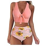 JOYISURE Bikini Damen Crossover High Waist Bademode Blumenmuster V-Ausschnitt 2-Teile Swimsuit Brasilien Triangel Bikini Set Bauchweg Neoprenanzug Surfanzug(Rosa,S)