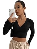 DIDK Damen Strick Crop T-Shirt Bauchfrei Oberteile Tiefer V Ausschnitt Langarmshirt Pullover Cropped Tops Langarm Shirt Schwarz XS