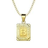 Dried Flower Personalisierte Halskette- 26 Buchstaben Quadratischer 24K Vergoldet Anhänger Initiale Kette Golden Namenkette Geburtstags Geschenk für Eltern Freund B