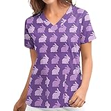 Damen Arbeitsuniform mit Osterdruck V-Ausschnitt Kurzarm Tasche Pflegeoberteil, Lässiges Tuniken Sweatshirt Kurzarm Shirt Oberteile Elegant Jumper Kontrastfarbene Streetwear Blusen Bluse Tops Eay