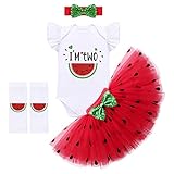 FYMNSI Baby Mädchen Mein 2. Geburtstag Party Wassermelone Outfit Prinzessin Kleid Baumwolle Kurzarm Strampler Bodysuit Tüll Tütü Rock Pailletten Stirnband Beinwärmer Set 4tlg Rot - I'm Two 2 J