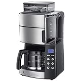 Russell Hobbs Kaffeemaschine mit Mahlwerk, Glaskanne 10 Tassen, digitaler programmierbarer Timer, 3-stufige Mahlgradeinstellung, 1000W, Filterkaffeemaschine für Kaffeebohnen Grind&Brew 25610-56