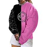Tomwell Tshirt Für Damen Langzarm Sommer Oberteile Oversize Vintage Sonne und Mond Drucken Lose Bluse Rundhals Elegant Pullover Sweatshirt Teenager Mädchen Top Rosa XS
