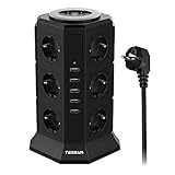 Mehrfachsteckdose Tower, TESSAN 12 Fach Steckdosenleiste Turm, Mehrfachstecker Turm USB Tower, Steckdosenturm mit USB für Büro, Verteilersteckdose Turm Multisteckdose 2m, 12 Fach Steckerleiste 2500W