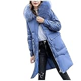 KIMODO Wintermantel Baumwolljacke Kunstpelzkragen Mantel Damen Lang Warme Kapuzenjacke Mode Lose Langarm Jacke Mantel Taschen Elegant Outerwear Baumwolljacke (A-Blau, M)