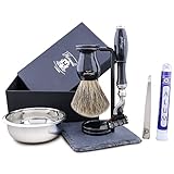 Haryali London Rasierset – 6-teiliges Rasierset – veganer Rasierpinsel – 3-Kanten-Sicherheitsrasierer – Rasierständer – Rasierschale – Alaunstift – Pinzette – Schwarz – Rasier-Geschenk