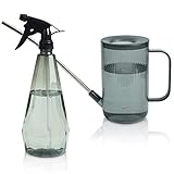 T4U 1 Liter Gießkanne mit Langer Auslauf + Sprühflasche, 2Pcs Pflanzen-Wassersprühflasche aus Kunststoff, Pflanzengießkanne mit Griff für Garten Zimmerpflanzen, Blumen (Grau)