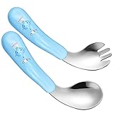 cococity Baby Löffel Gabel Set Edelstahl Gebogen Fütterlöffel mit Kaninchen 13x3cm Esslernlöffel mit Affe Pfirsich Babylöffel Kinderbesteck (2 Stück)