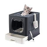 Suhaco Faltbare Katzentoilette, Katzentoilette von Oben mit Deckel, abgedeckte Katzentoilette mit Katzentoilettenschaufel und 2-1 Reinigungsbürste (Schwarz)