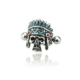 BlackAmazement 316L Edelstahl Helix Cuff Piercing Tragus Ohr Skull Totenkopf Indianer Zirkonia CZ Silber Gold türkis Herren Damen (Antik Silber/Türkis)