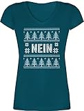 Weihnachten & Silvester Geschenke Party Deko - Nein - Weihnachtsmuster - weiß - XXL - Türkis - T-Shirt - XO1525 - Damen T-Shirt mit V