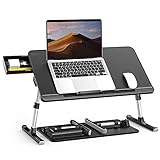 Laptoptisch Betttisch, SAIJI 100% E0 Eco Holzplatte Verstellbarer Betttisch, mit Schublade, klappbare Beine, 40kg Belastung, Tischplatte aus PVC-Leder Lesen,Essen für Bett und Sofa （Schwarz 60*32cm）