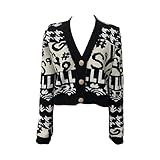 Damenmode Strickjacke Langarm-Print vorne offen lässig Pullover Oberbekleidung Herbst-Knopf-Down-weicher Pullover-Mantel (M,Schwarz)